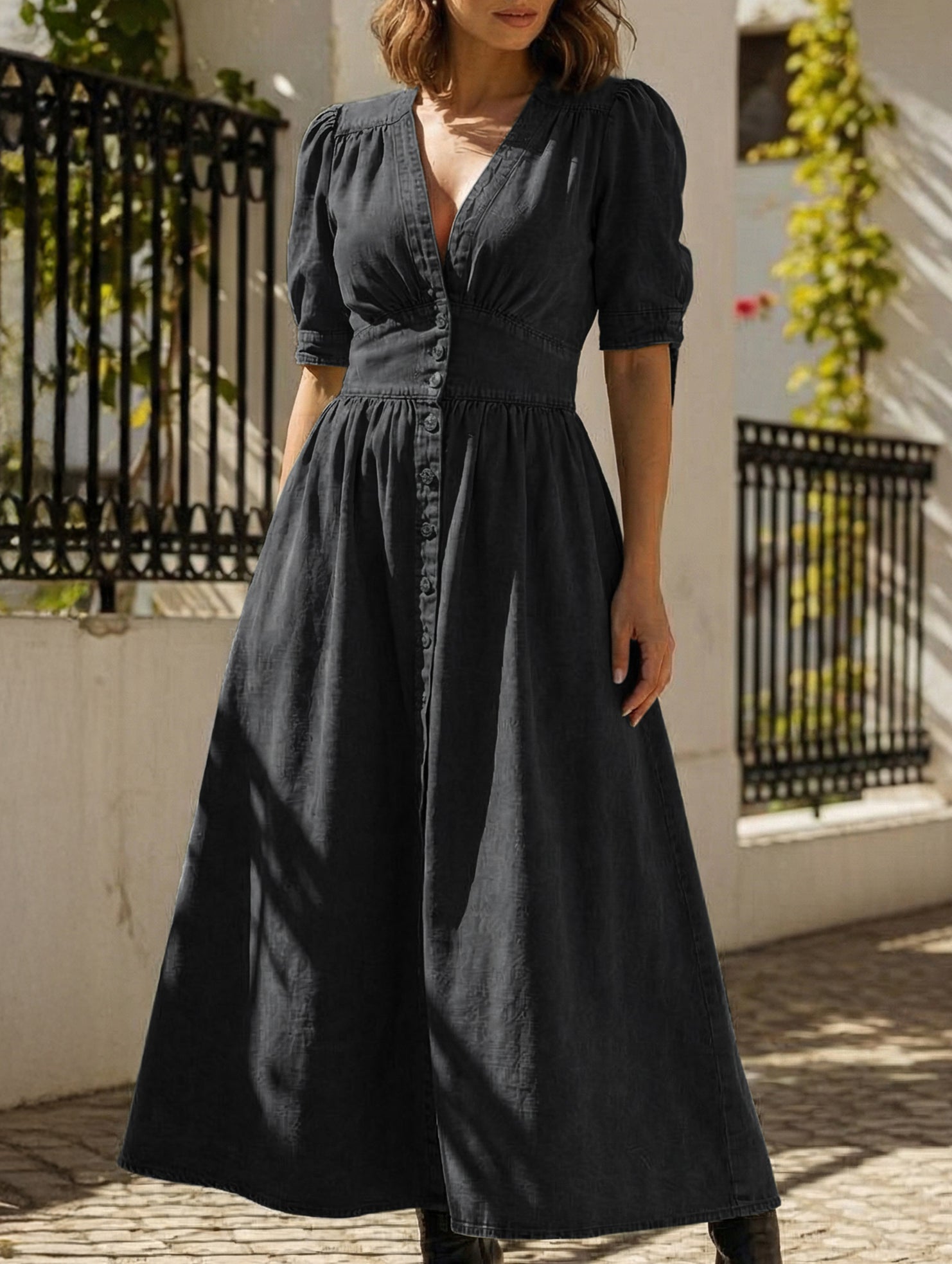 Black deep V-neck fitted shirt dress from My Store with long sleeves and tailored silhouette, ideal for stylish daytime wear.
