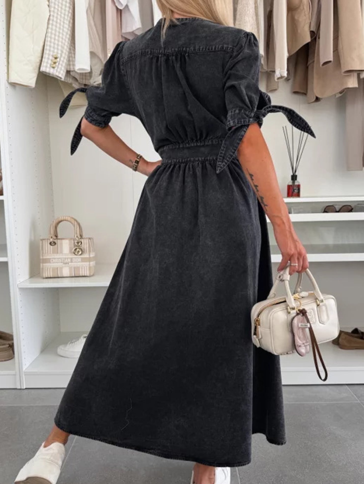 Black deep V-neck fitted shirt dress from My Store, stylish and form-fitting with long sleeves and a sleek design.