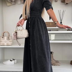 Black stylish deep V-neck fitted shirt dress from My Store, showcasing a sleek design and tailored fit.