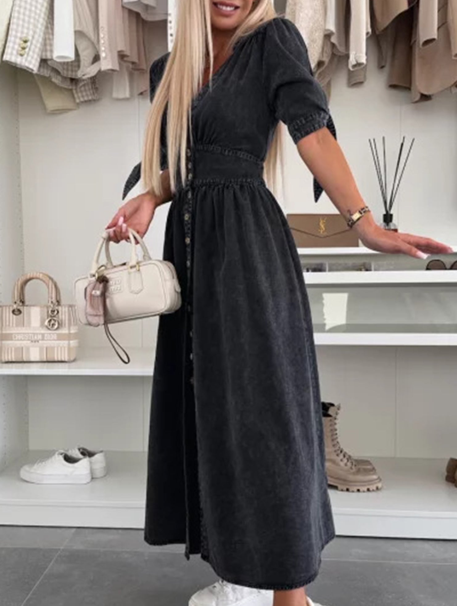 Black stylish deep V-neck fitted shirt dress from My Store, showcasing a sleek design and tailored fit.