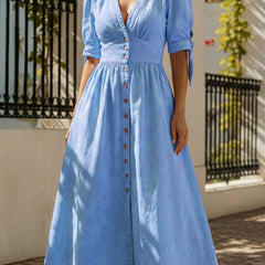 Blue deep V-neck fitted shirt dress from My Store, stylish and figure-flattering with long sleeves and a sleek design.