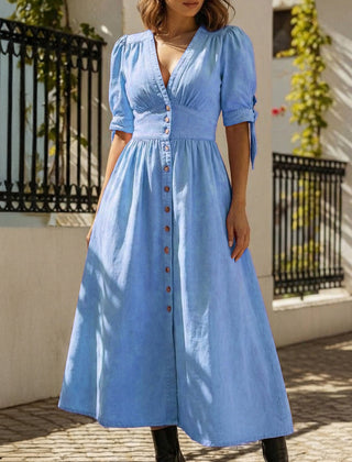 Blue deep V-neck fitted shirt dress from My Store, stylish and figure-flattering with long sleeves and a sleek design.