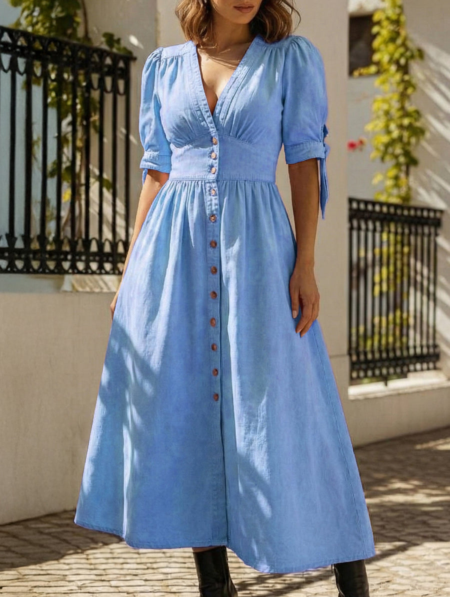 Blue deep V-neck fitted shirt dress from My Store, stylish and figure-flattering with long sleeves and a sleek design.