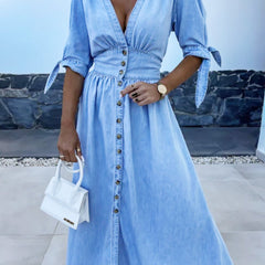 Blue fitted shirt dress with deep V-neck from My Store, stylish and form-fitting, perfect for casual or dressy occasions.