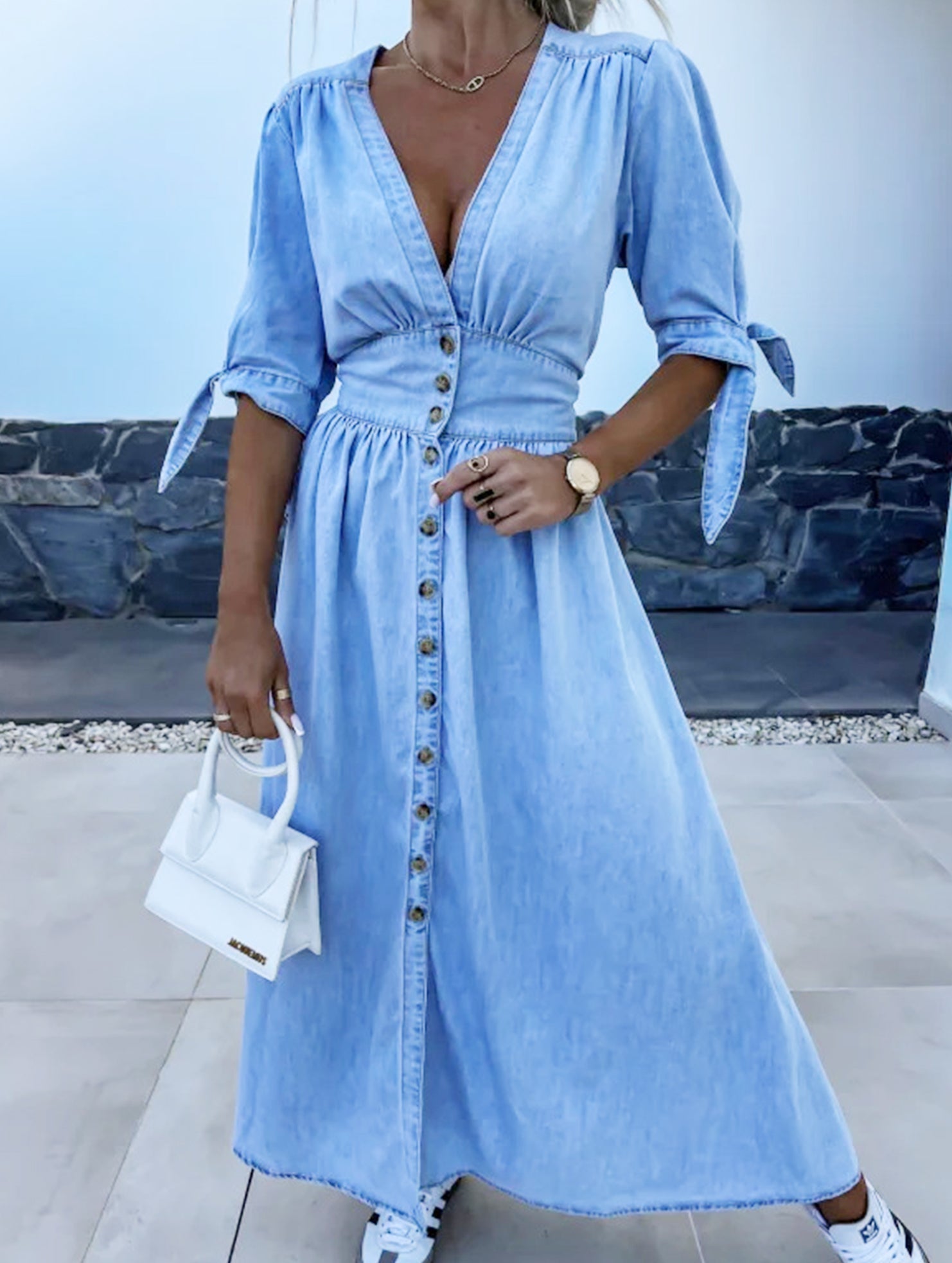 Blue fitted shirt dress with deep V-neck from My Store, stylish and form-fitting, perfect for casual or dressy occasions.