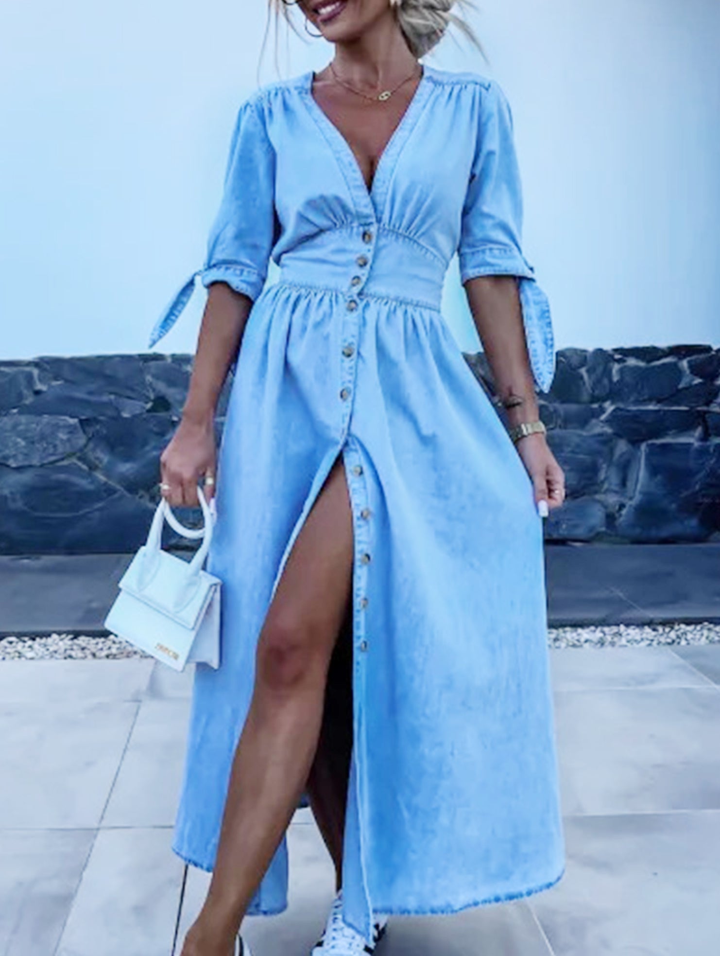 Blue deep V-neck fitted shirt dress from My Store, stylish and tailored with long sleeves and a sleek silhouette.