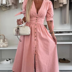 White fitted shirt dress with deep V-neck from My Store, stylish and elegant for casual or dressy occasions.