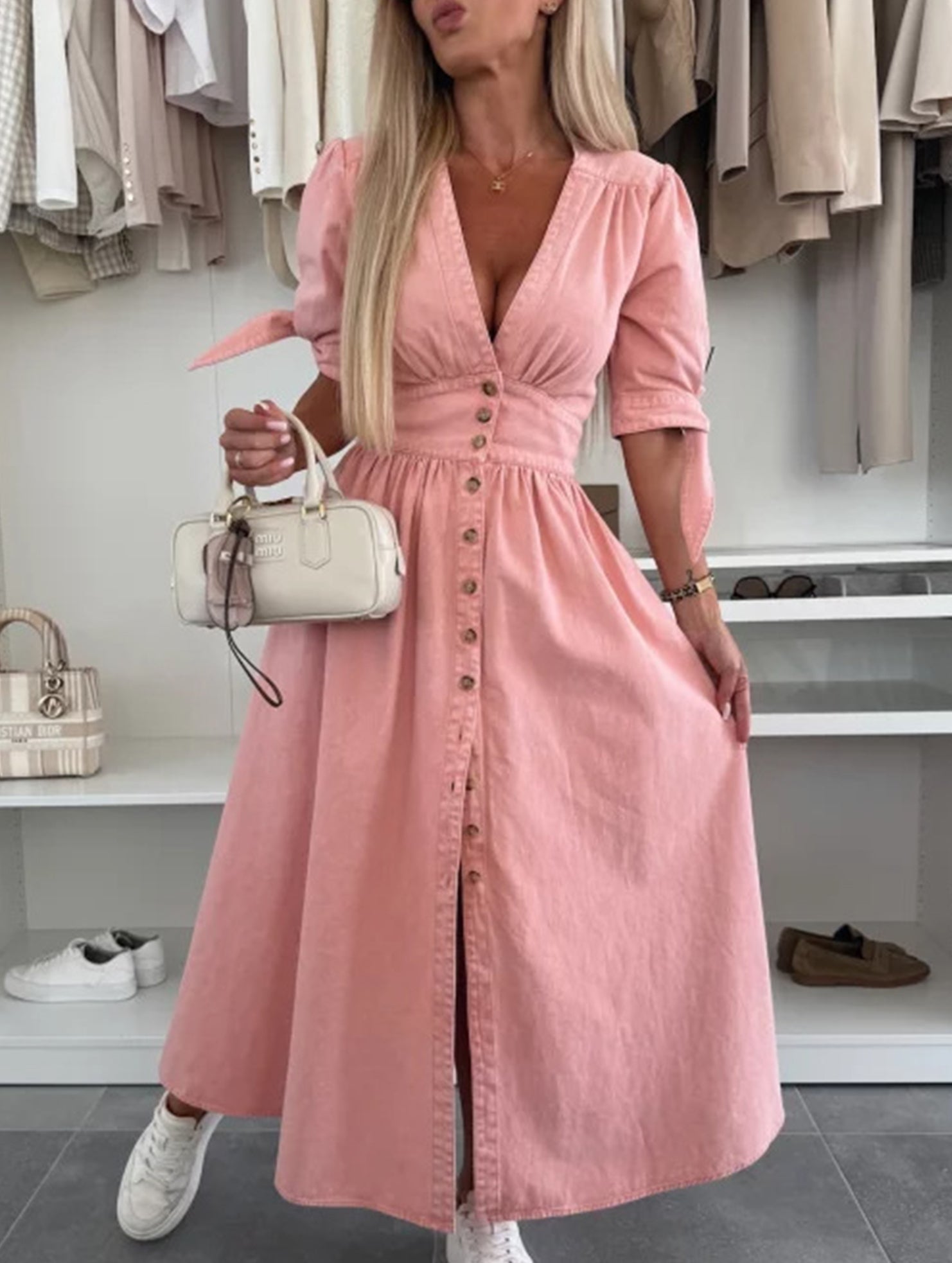 White fitted shirt dress with deep V-neck from My Store, stylish and elegant for casual or dressy occasions.