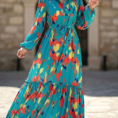 Blue printed tie-waist lantern sleeve dress from My Store, featuring a stylish silhouette and elegant design.