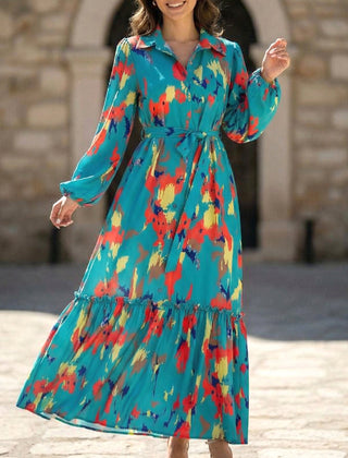Blue printed tie-waist lantern sleeve dress from My Store, featuring a stylish silhouette and elegant design.