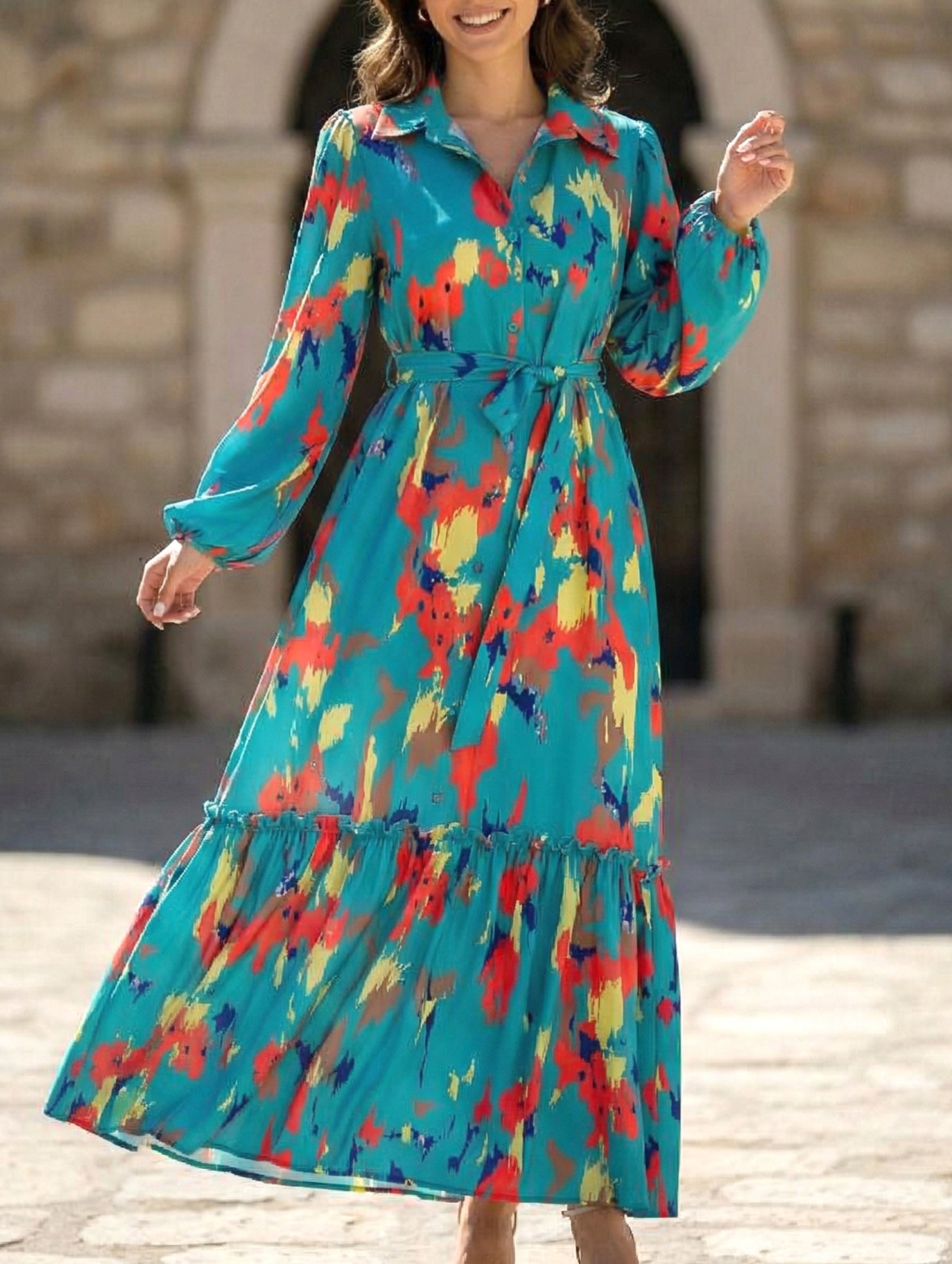 Blue printed tie-waist lantern sleeve dress from My Store, featuring a stylish silhouette and elegant design.
