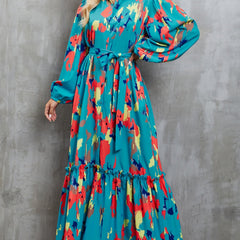 Blue printed tie-waist lantern sleeve dress from My Store, featuring a stylish silhouette and elegant design.