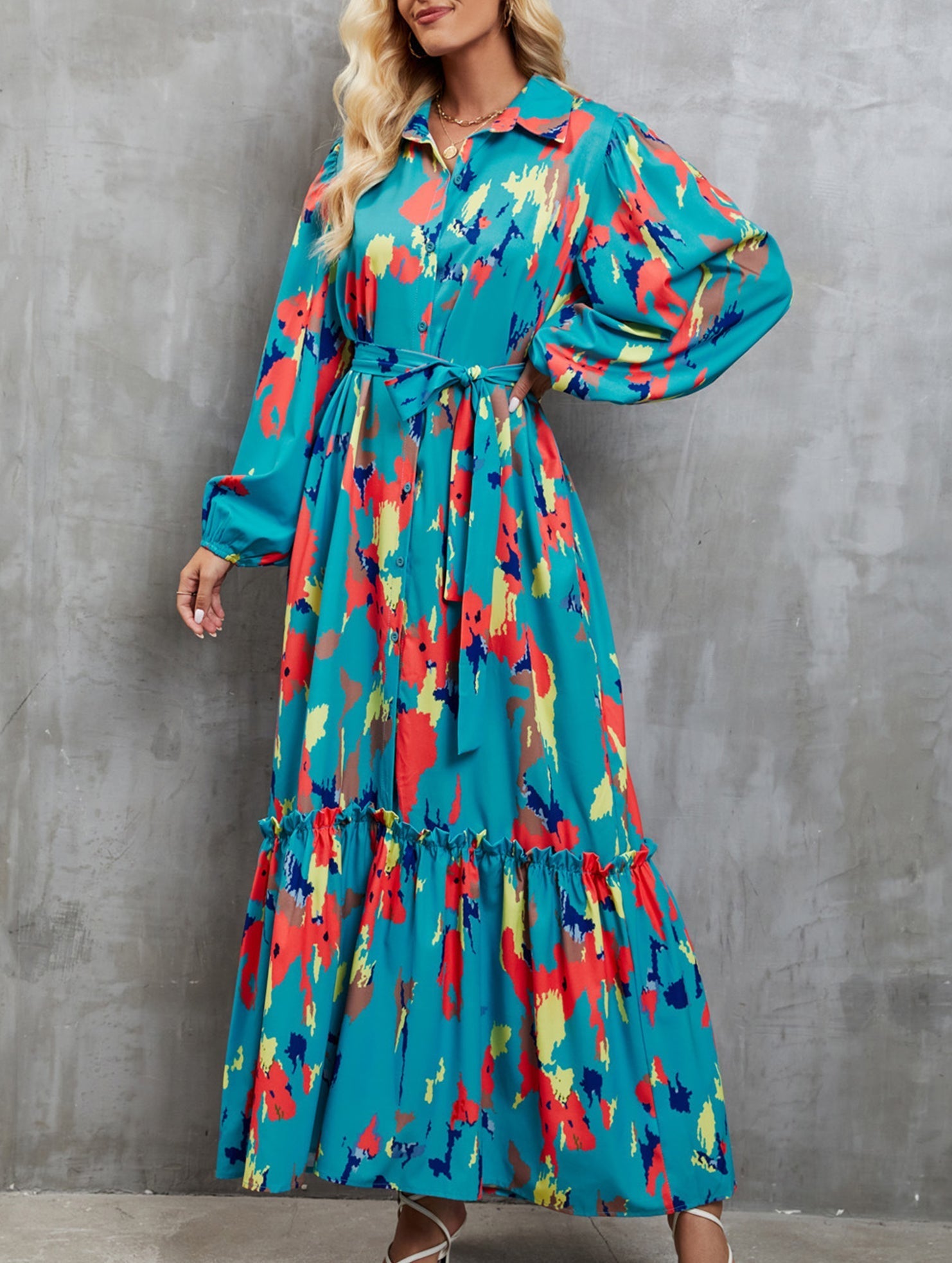 Blue printed tie-waist lantern sleeve dress from My Store, featuring a stylish silhouette and elegant design.