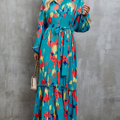 Blue printed tie-waist lantern sleeve dress from My Store featuring a stylish design and flowy silhouette.