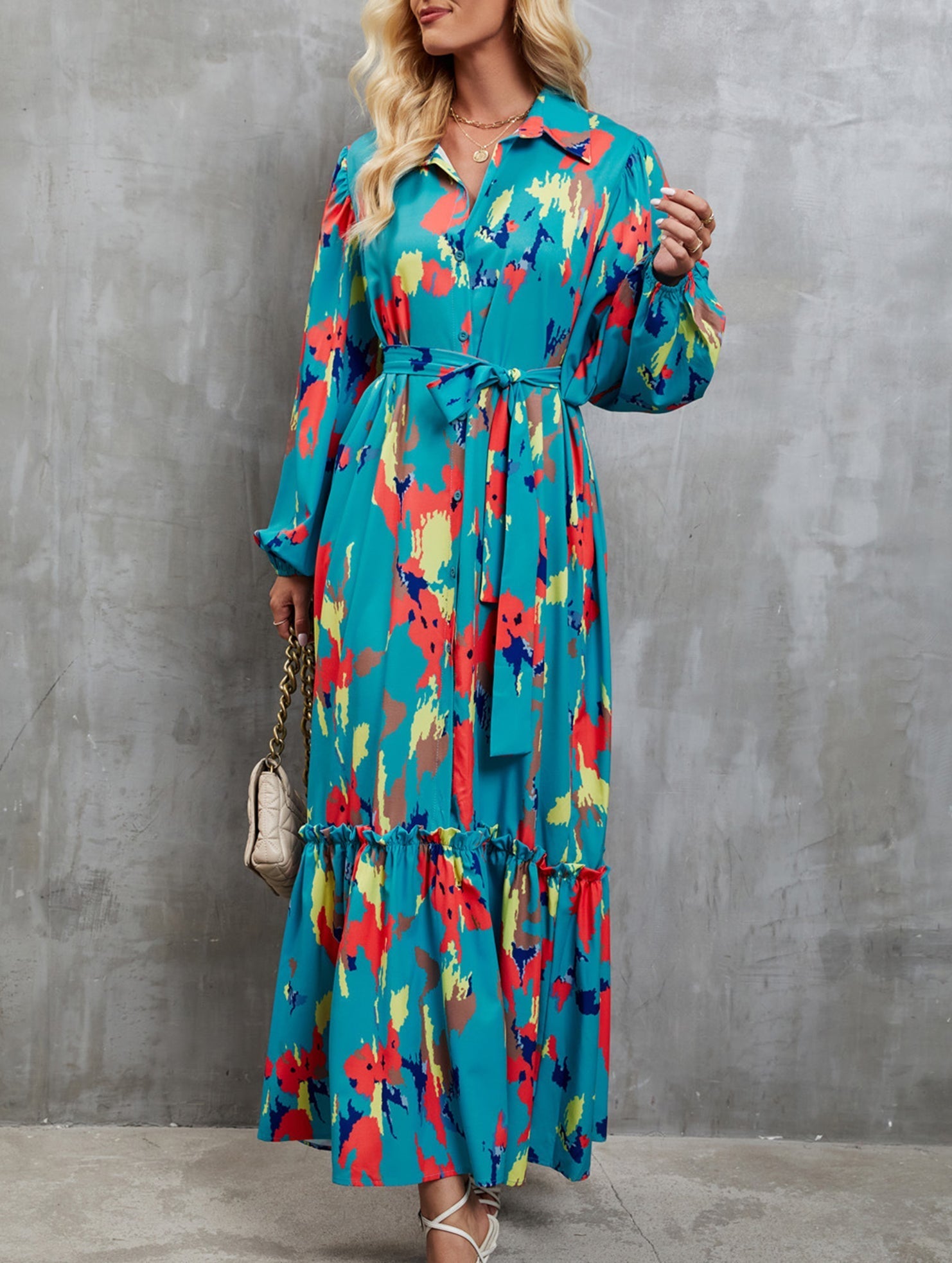 Blue printed tie-waist lantern sleeve dress from My Store featuring a stylish design and flowy silhouette.