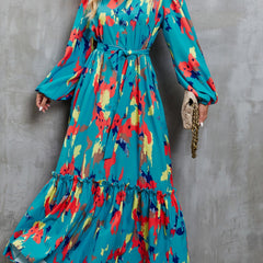 Blue printed tie-waist lantern sleeve dress from My Store featuring a flowy design and elegant style.