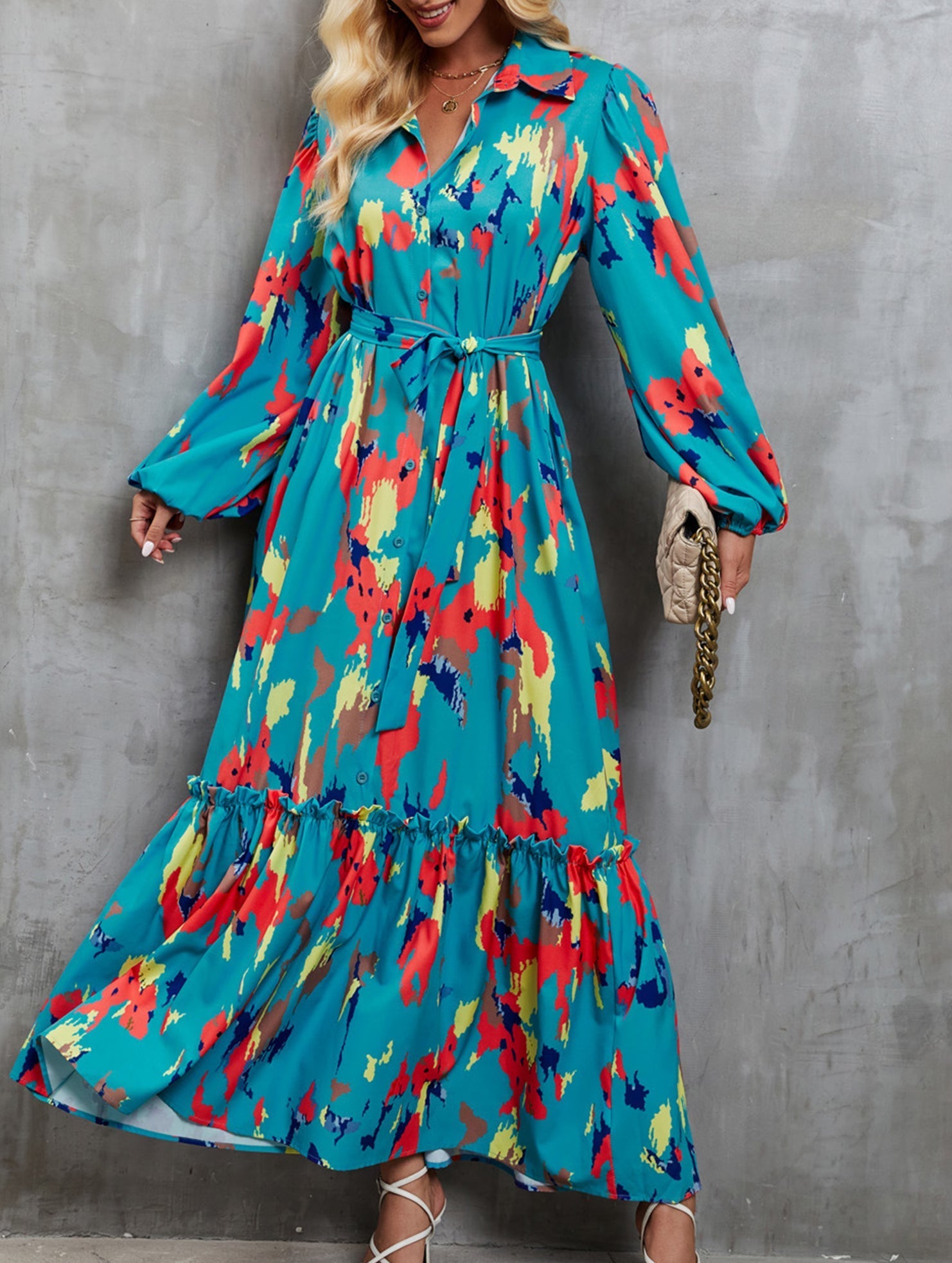 Blue printed tie-waist lantern sleeve dress from My Store featuring a flowy design and elegant style.