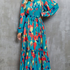 White printed tie-waist lantern sleeve dress from My Store, featuring a flowy silhouette and stylish long sleeves.
