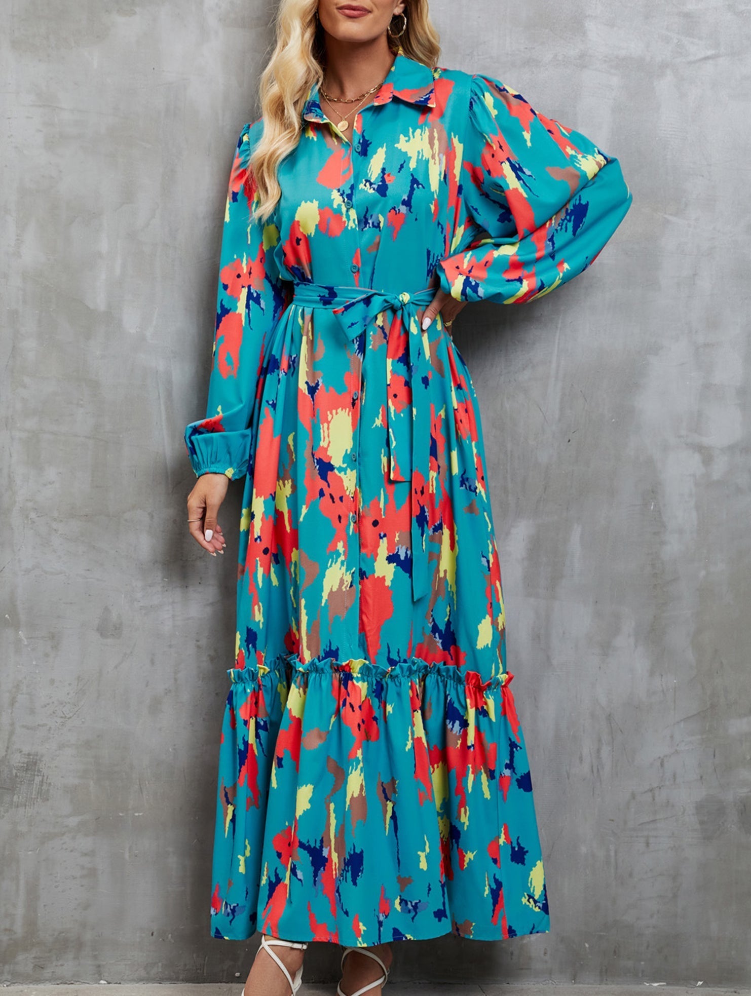 White printed tie-waist lantern sleeve dress from My Store, featuring a flowy silhouette and stylish long sleeves.
