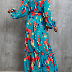 Blue printed tie-waist lantern sleeve dress from My Store featuring a fitted bodice and flowing skirt.