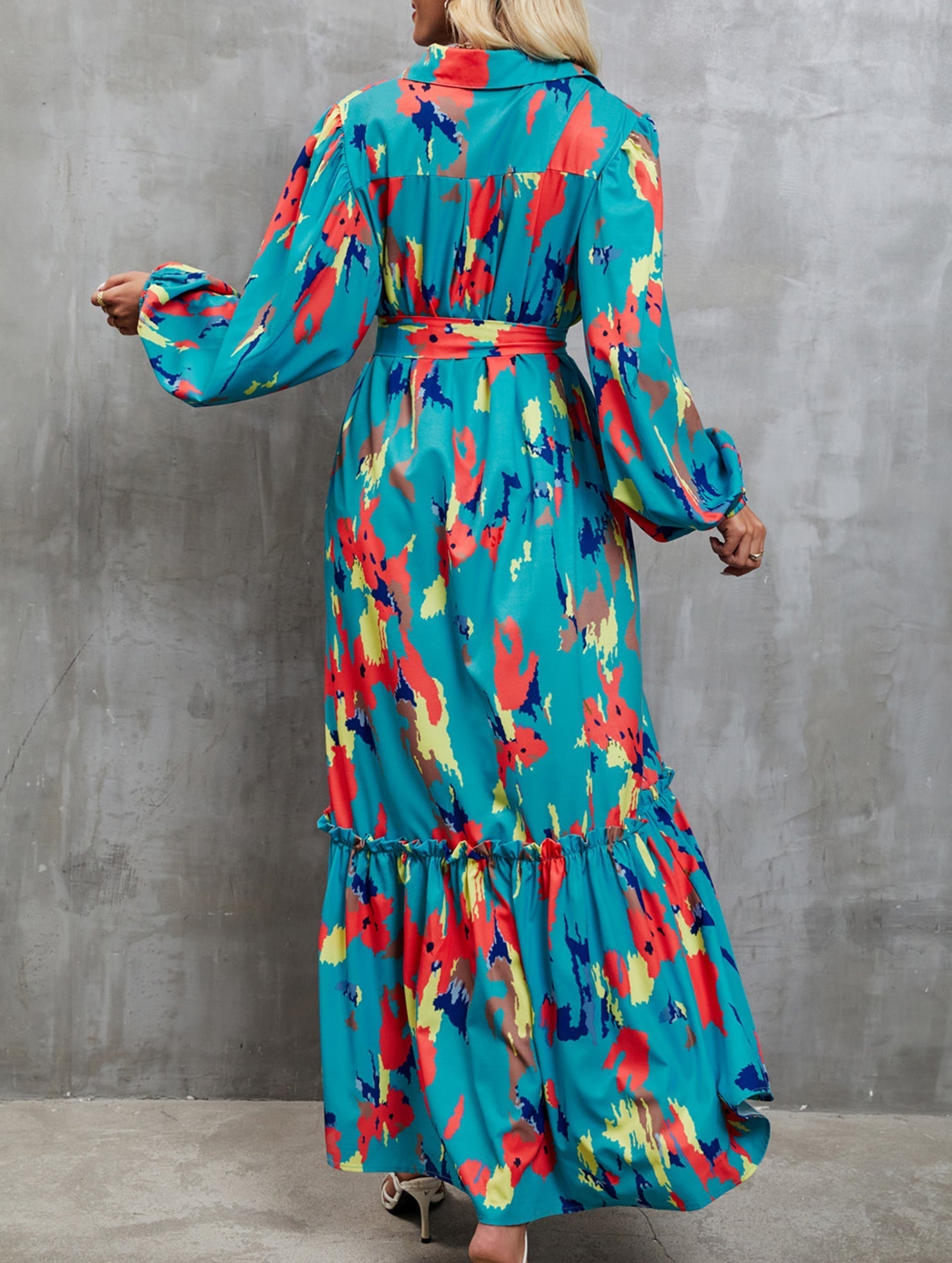 Blue printed tie-waist lantern sleeve dress from My Store featuring a fitted bodice and flowing skirt.