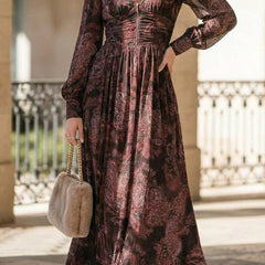 White retro long-sleeved V-neck fitted waist dress from My Store, stylish and comfortable for casual or semi-formal wear.