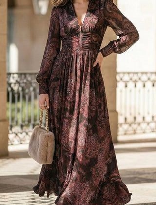 White retro long-sleeved V-neck fitted waist dress from My Store, stylish and comfortable for casual or semi-formal wear.