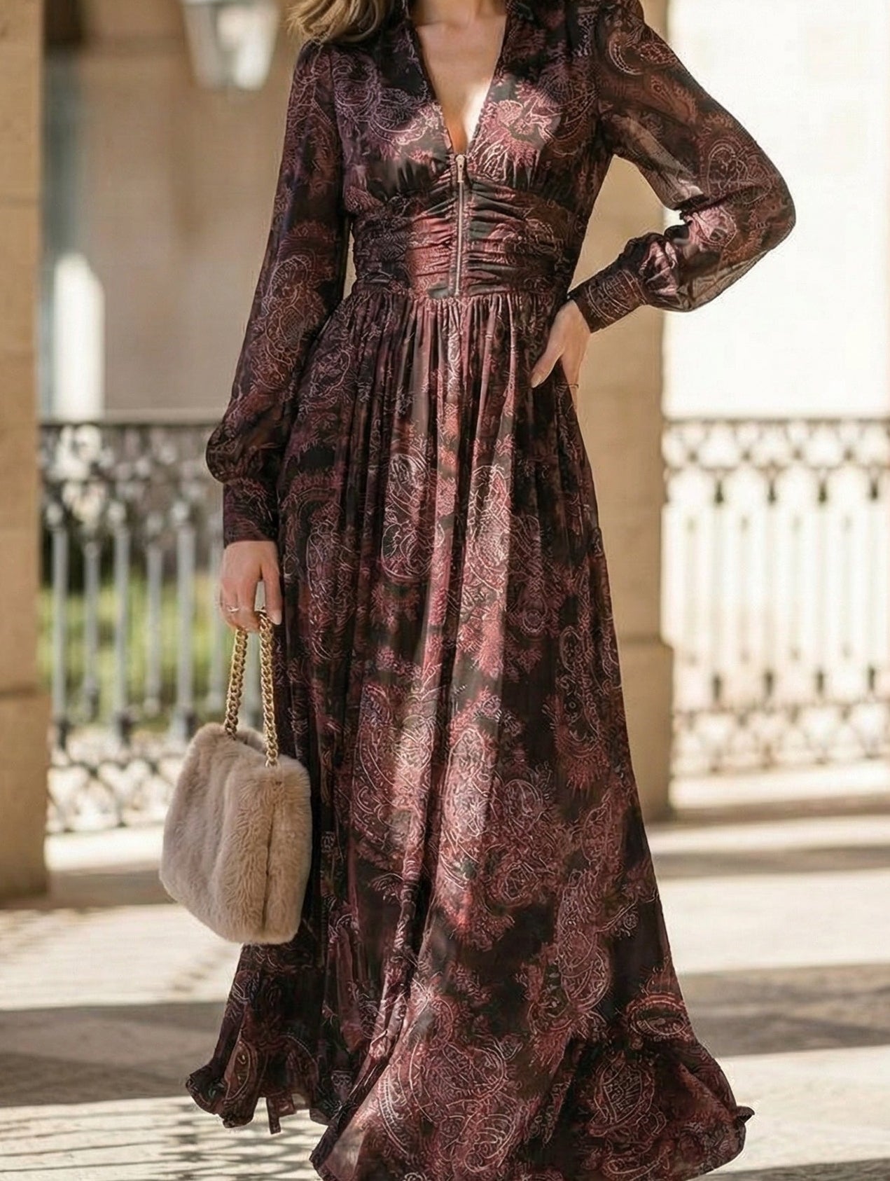 White retro long-sleeved V-neck fitted waist dress from My Store, stylish and comfortable for casual or semi-formal wear.