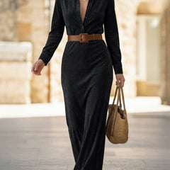 Black suede long dress with fitted waist and belt, elegant dress from My Store.