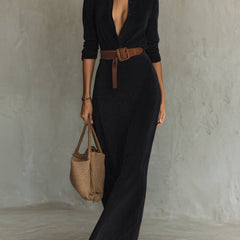 Black suede long dress with fitted waist and belt, stylish and elegant, from My Store.