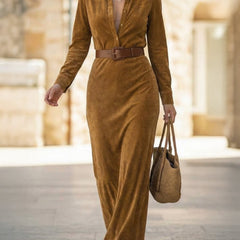 White suede long dress with a fitted waist and belt, showcasing a stylish and elegant design by My Store.