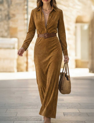White suede long dress with a fitted waist and belt, showcasing a stylish and elegant design by My Store.