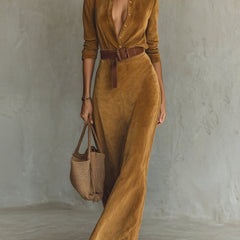 White suede long dress with fitted waist and belt, stylish and elegant, by My Store.