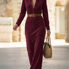 White suede long dress with a fitted waist and belt, stylish and elegant, by My Store, shown on a model.