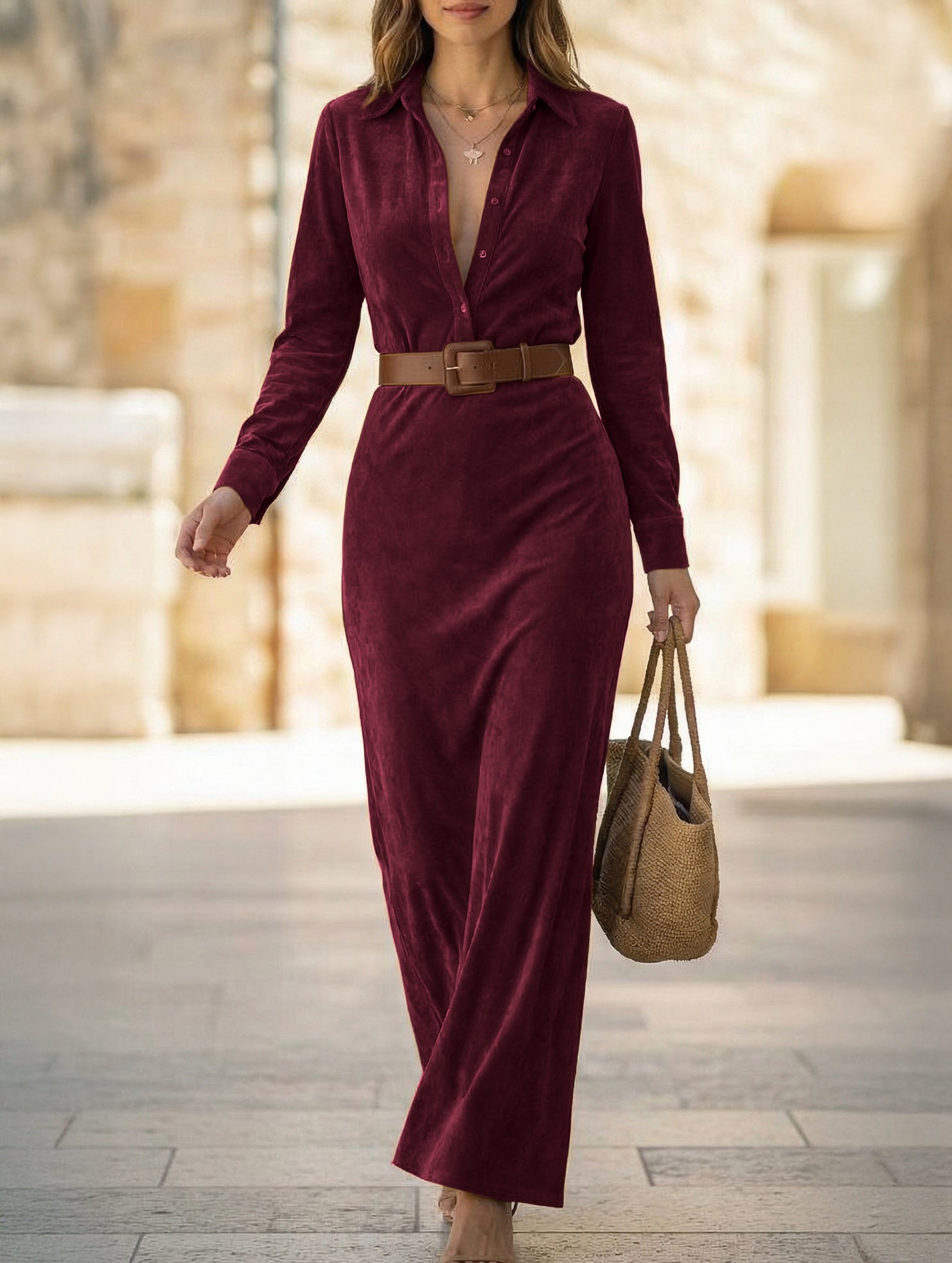 White suede long dress with a fitted waist and belt, stylish and elegant, by My Store, shown on a model.