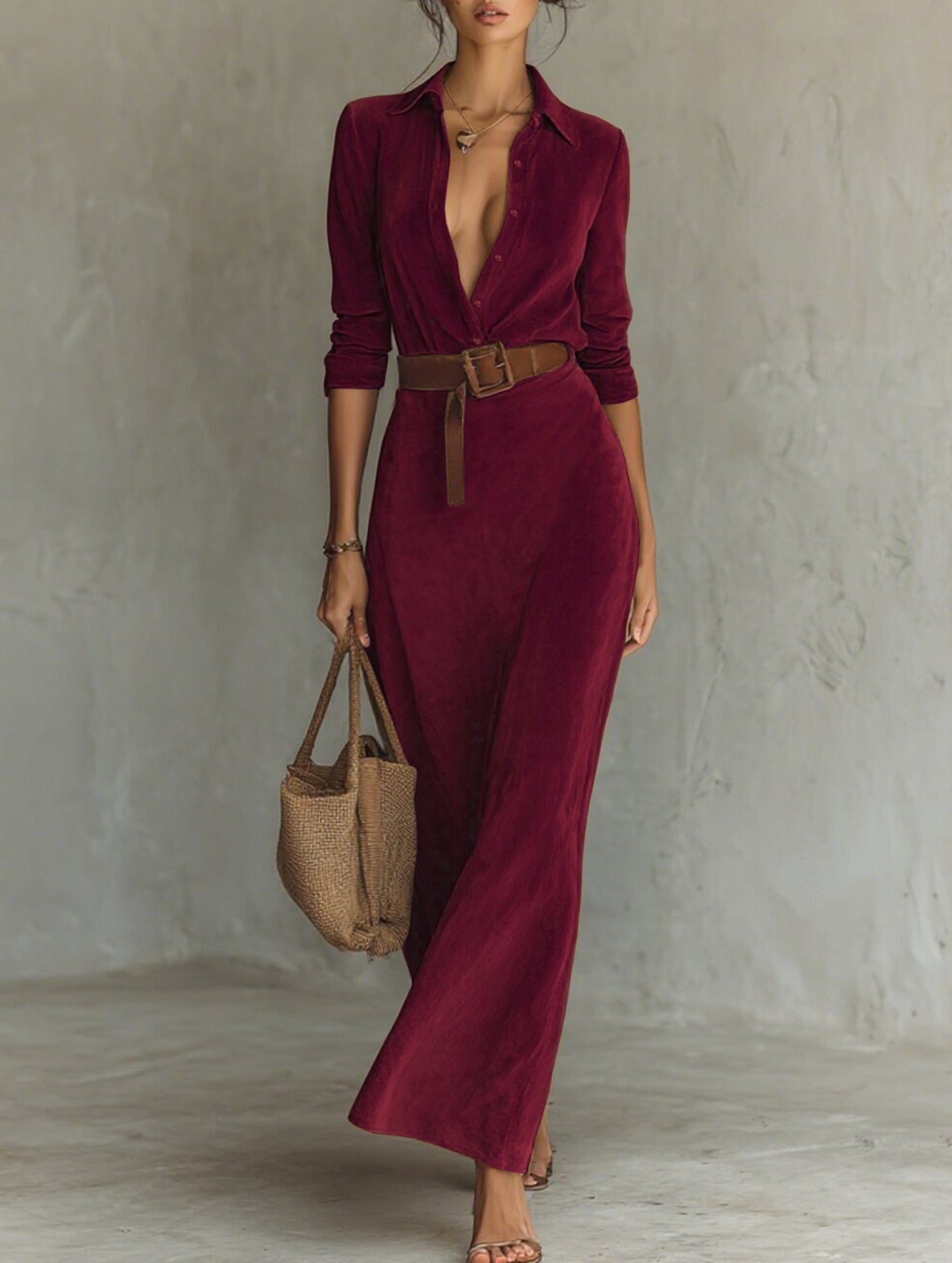 White suede long dress with a fitted waist and belt, stylish design from My Store, perfect for elegant occasions.
