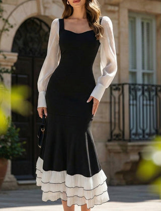 Black colorblock long sleeve mermaid dress from My Store, featuring a fitted silhouette and elegant design.