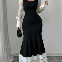 Colorblock long sleeve mermaid dress in white from My Store, showcasing a fitted silhouette with contrasting color accents.