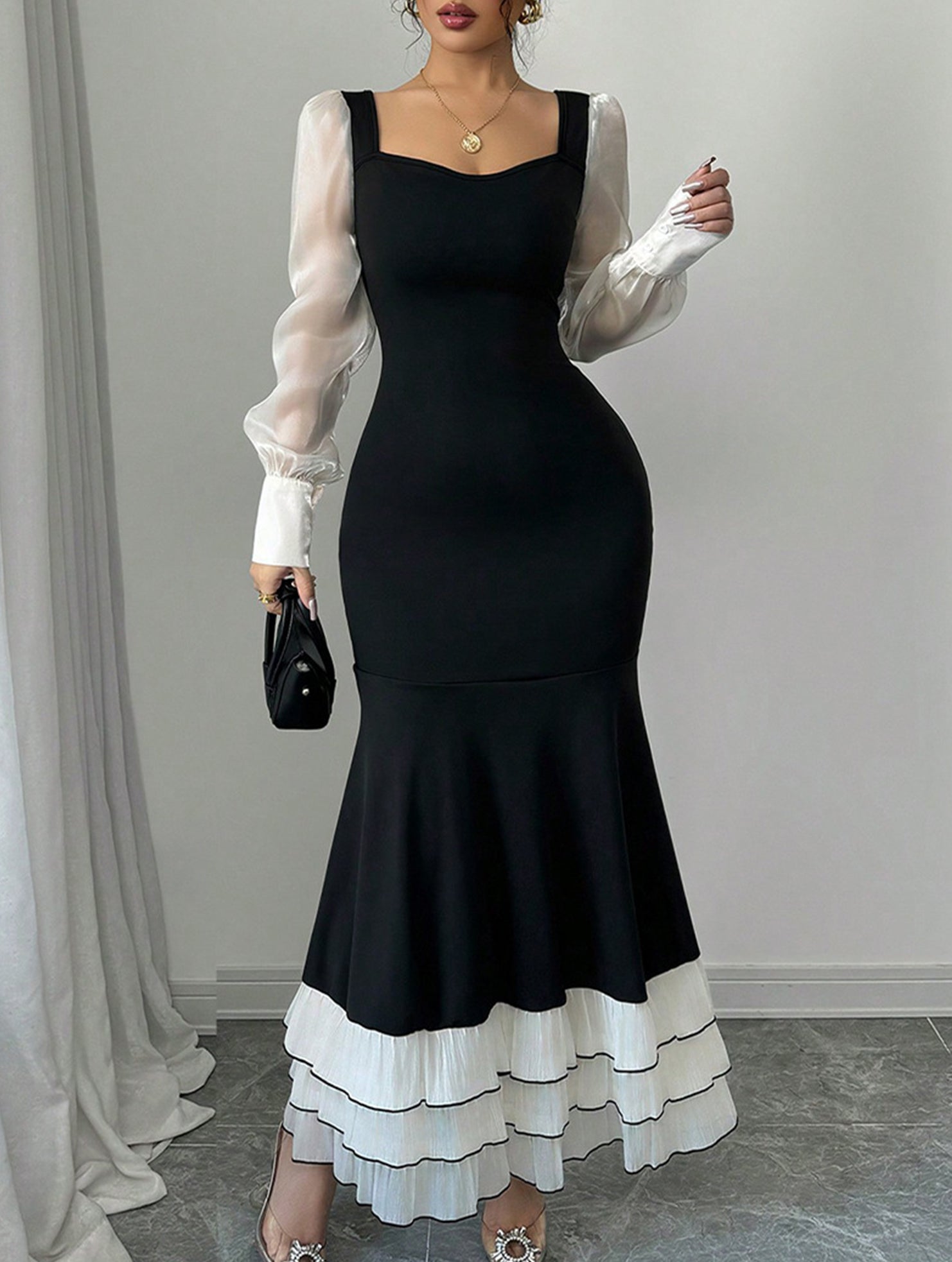 Colorblock long sleeve mermaid dress in white from My Store, showcasing a fitted silhouette with contrasting color accents.