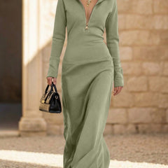 White long sleeve maxi dress with a half-zip polo collar from My Store, featuring a slim fit design.
