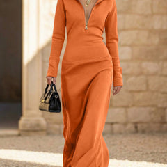 White Maxi Dress with long sleeves and half zip polo neck, slim fit design from My Store.
