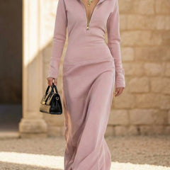 White maxi dress by My Store featuring a half zip polo neck, slim fit, long sleeves, perfect for casual or elegant occasions.