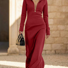 White maxi dress by My Store featuring a half zip polo neck, slim long sleeves, and a stylish, elegant design.