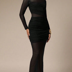 Black mesh patchwork ruched bodycon maxi dress with fitted silhouette and stylish design, perfect for elegant occasions.