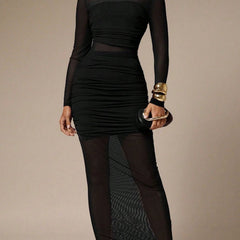 Black mesh patchwork ruched bodycon maxi dress with fitted silhouette and stylish design, perfect for elegant occasions.