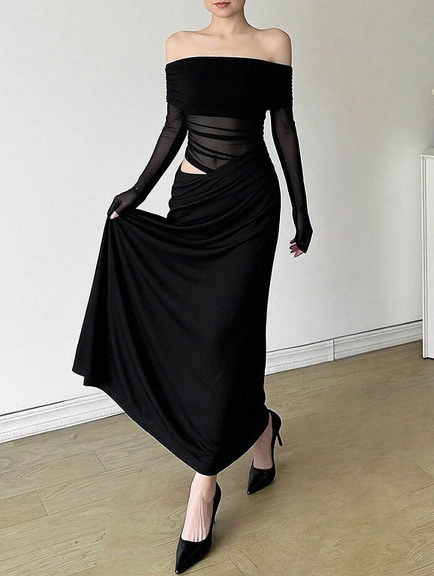 Elegant French-style slim-fit white dress from My Store, showcasing a tailored design with a sleek silhouette on a model.