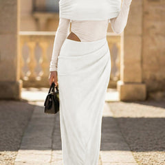 Elegant white French-style slim-fit dress by My Store, featuring a tailored silhouette and classic design.