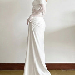 Elegant white French-style slim-fit dress from My Store, shown on a mannequin with detailed floral embroidery.