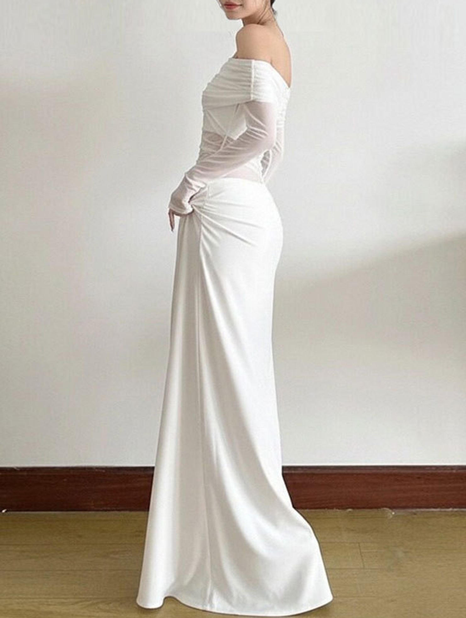 Elegant white French-style slim-fit dress from My Store, shown on a mannequin with detailed floral embroidery.