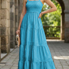 Blue retro-style striped maxi dress from My Store featuring a flowing design and casual elegance.